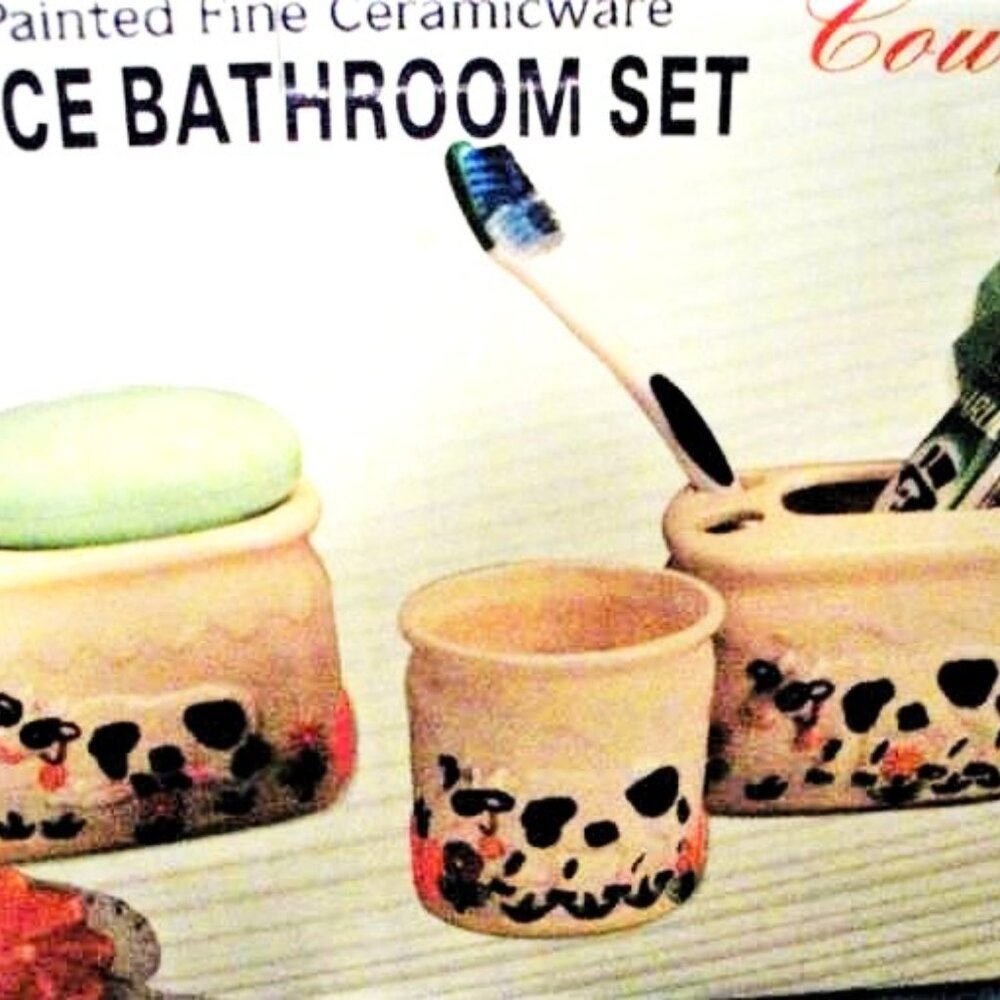 Vintage 3pc COW BATHROOM SET Soap Dispenser Toothbrush Holder Drinking Glass